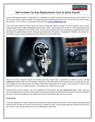 Get to know Car Key Replacement Cost at Quick Keysllc