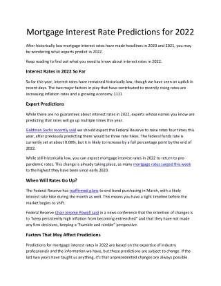 mortgage interest rate predictions for 2022