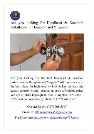 Are you looking for Handleset & Deadbolt Installation in Hampton and Virginia