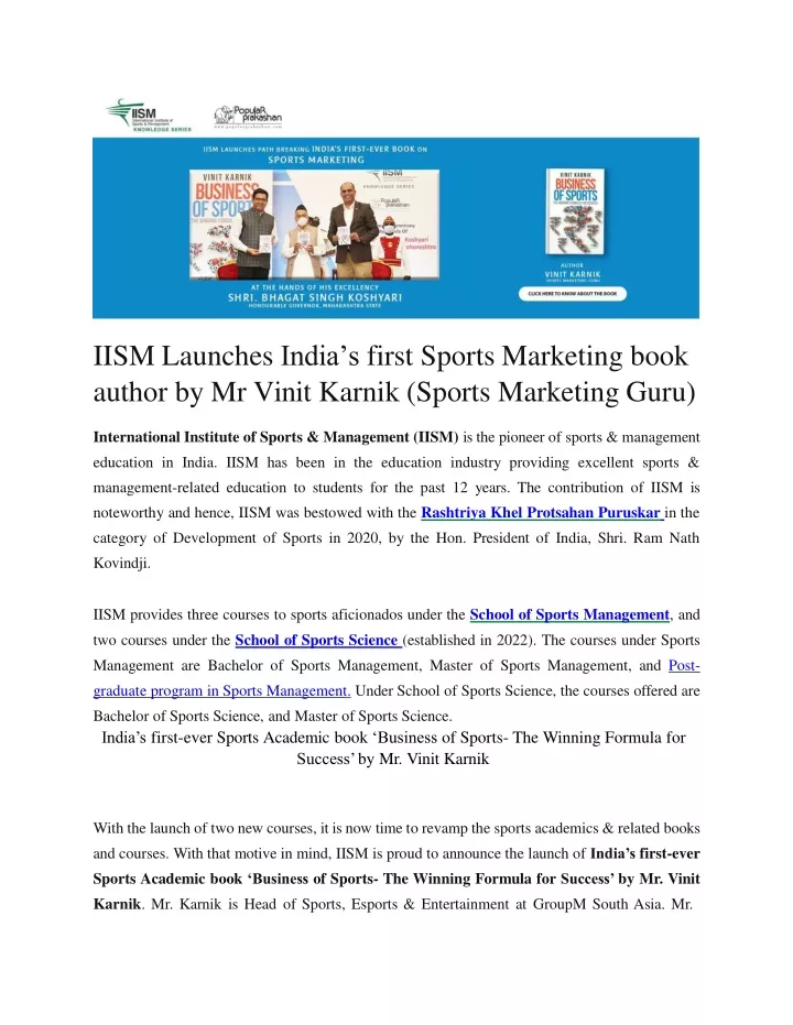 iism launches india s first sports marketing book author by mr vinit karnik sports marketing guru