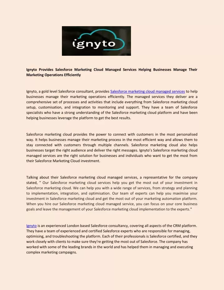 ignyto provides salesforce marketing cloud