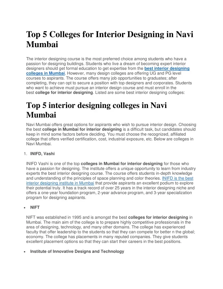 top 5 colleges for interior designing in navi