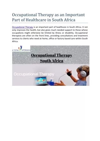 Occupational Therapy as an Important Part of Healthcare in South Africa