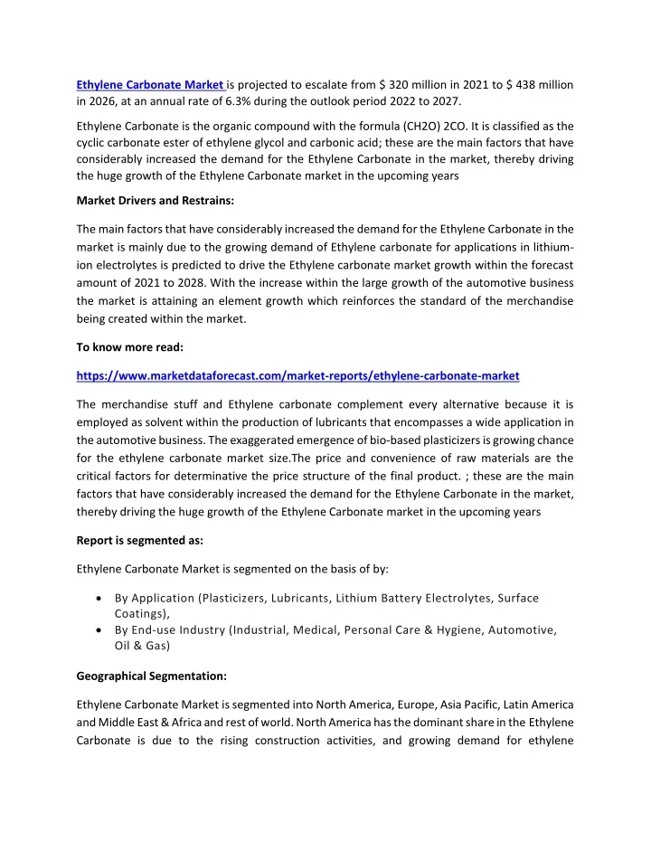 ethylene carbonate market is projected