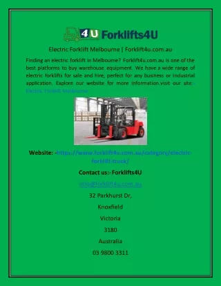 Electric Forklift Melbourne  Forklift4u.com