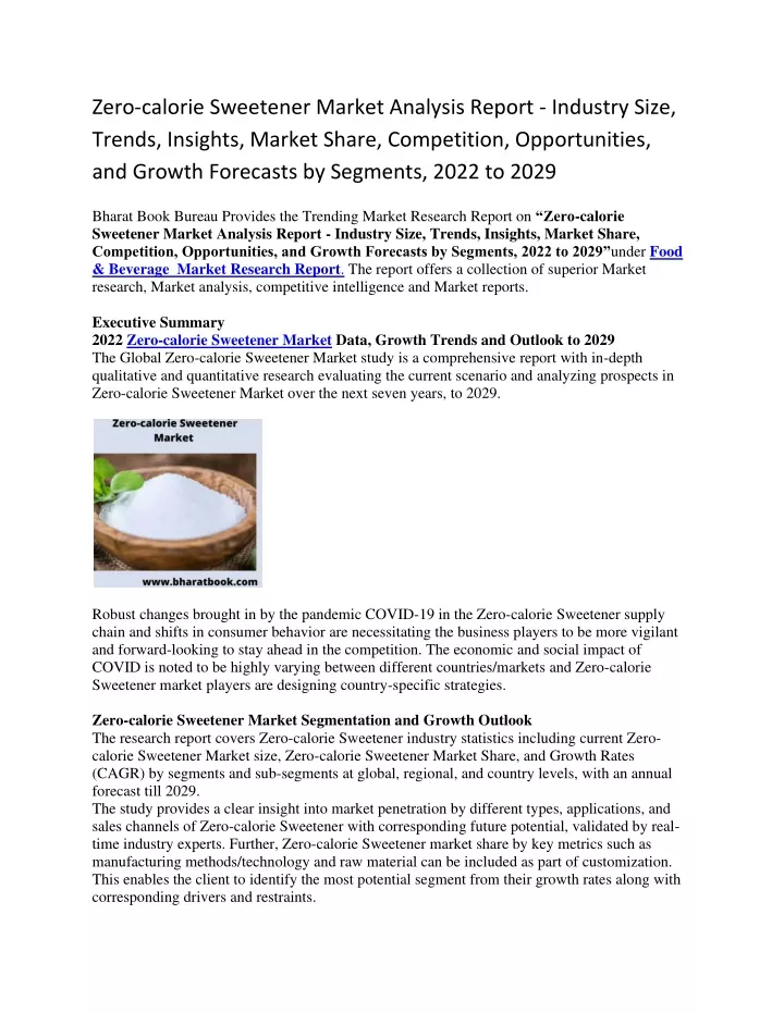 zero calorie sweetener market analysis report