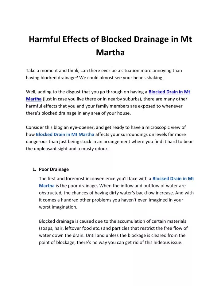 harmful effects of blocked drainage in mt martha