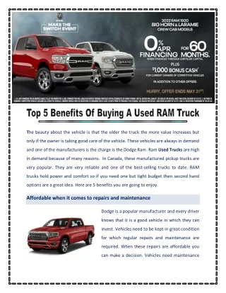 Top 5 Benefits Of Buying A Used RAM Truck