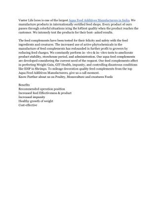 Aqua Feed Additives Manufacturers
