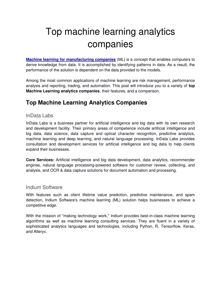 top machine learning analytics companies