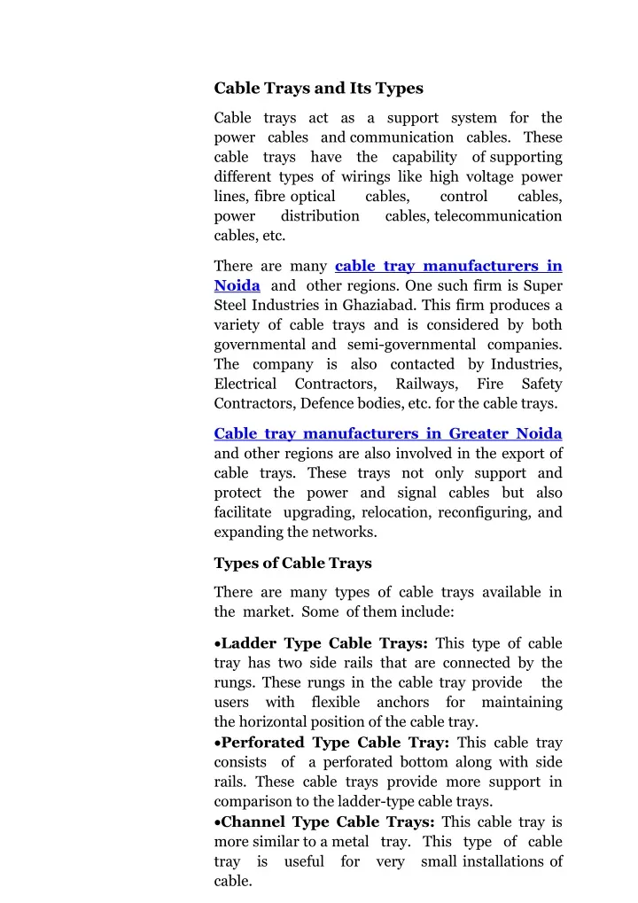 cable trays and its types cable trays