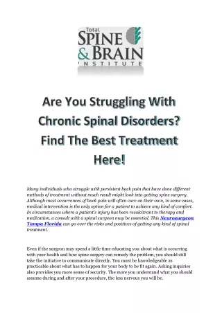 Are You Struggling With Chronic Spinal Disorders? Find The Best Treatment Here!