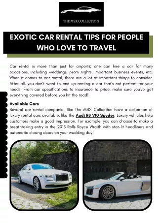 Exotic Car Rental Tips for People Who Love To Travel