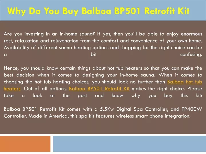 why do you buy balboa bp501 retrofit kit