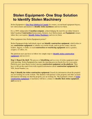 Stolen Equipment- One Stop Solution to Identify Stolen Machinery