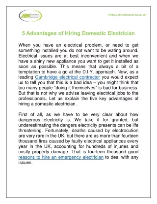 5 Advantages of Hiring Domestic Electrician