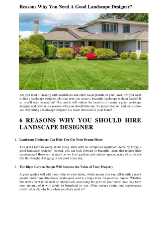 Reasons Why You Need A Good Landscape Designer?