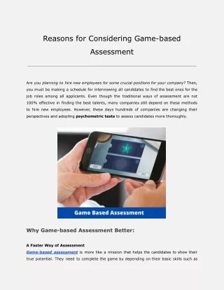 Reasons for ConsiderinReasons for Considering Game-based g Game-based Assessment