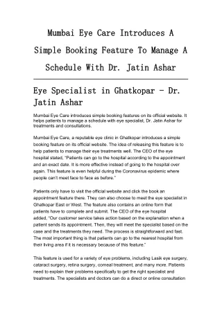 Mumbai Eye Care Introduces A Simple Booking Feature To Manage A Schedule With Dr. Jatin Ashar