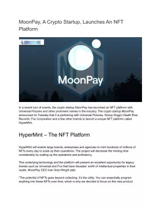 Launch of an NFT Platform by Crypto Startup MoonPay