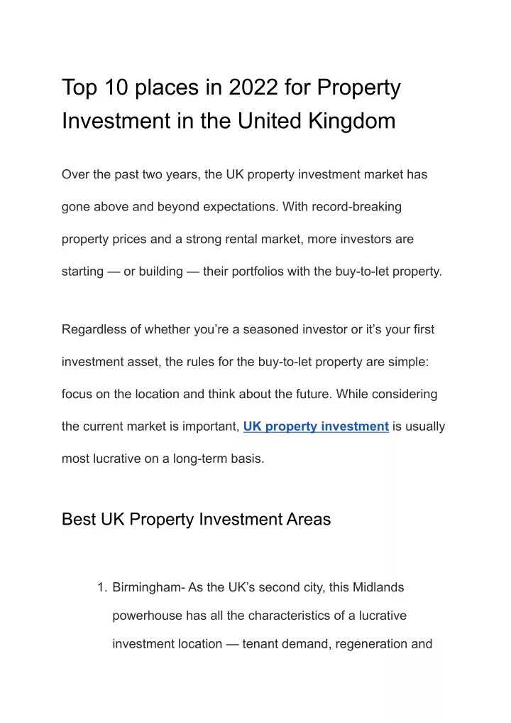 top 10 places in 2022 for property investment