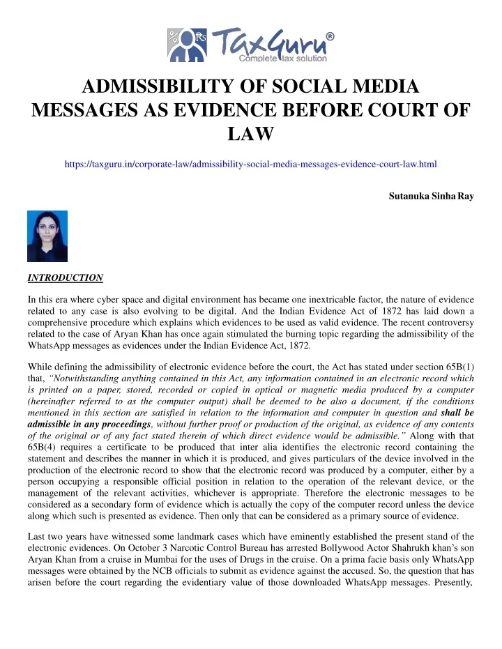 admissibility of social media messages as evidence before court of law