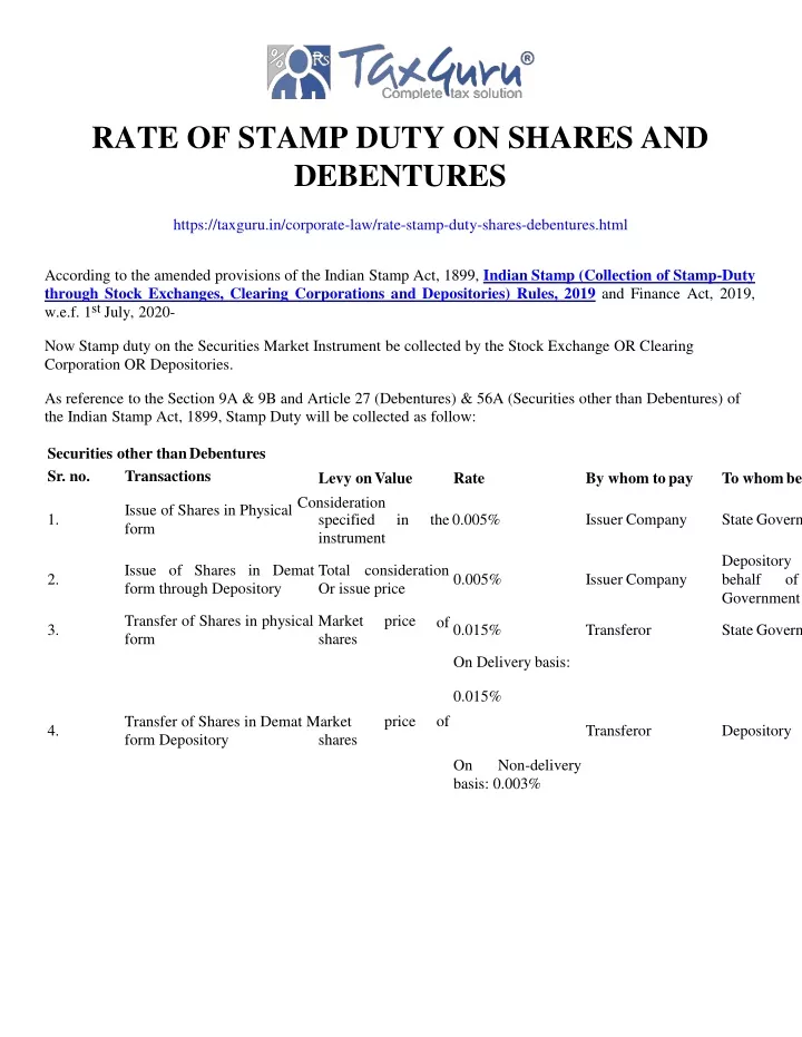 rate of stamp duty on shares and debentures