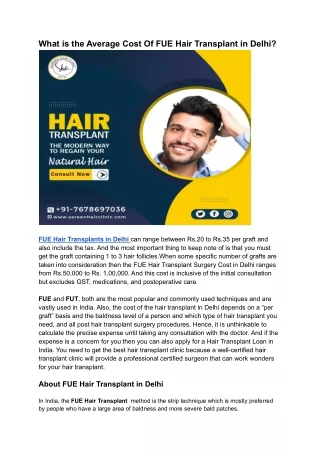 What is the Average Cost Of FUE Hair Transplant in Delhi?