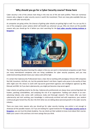 Why should you go for a Cyber Security course Know here