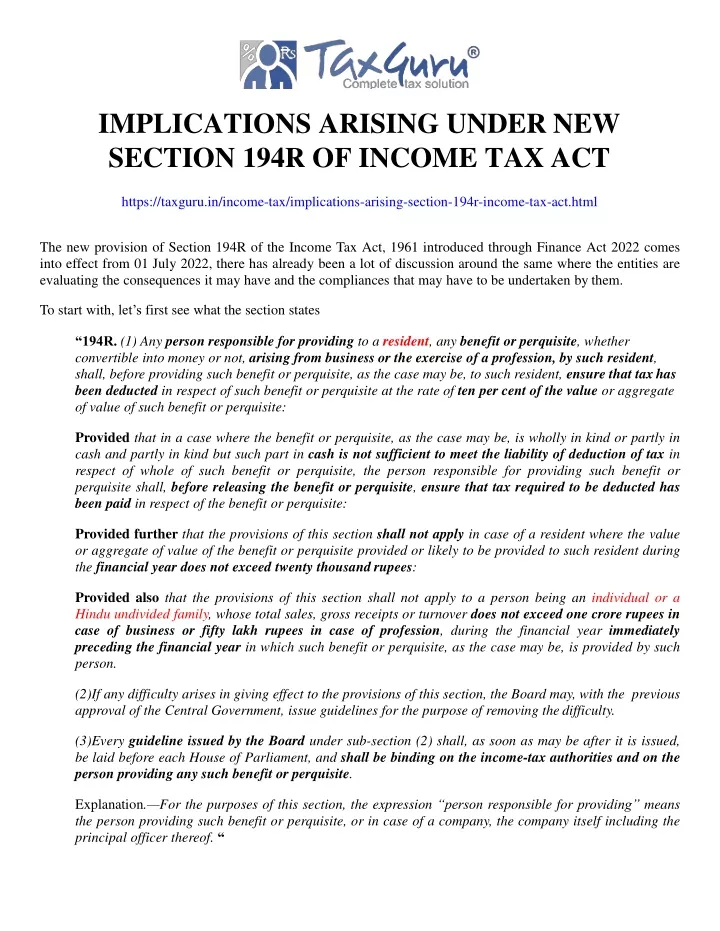 implications arising under new section 194r of income tax act