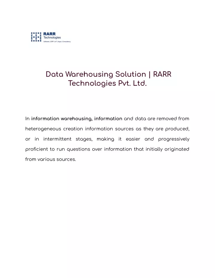 data warehousing solution rarr technologies