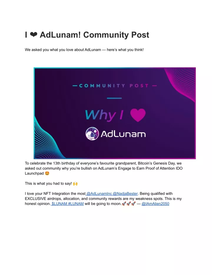 i adlunam community post