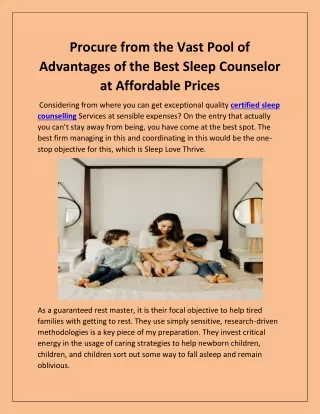 Procure from the Vast Pool of Advantages of the Best Sleep Counselor at Affordable Prices