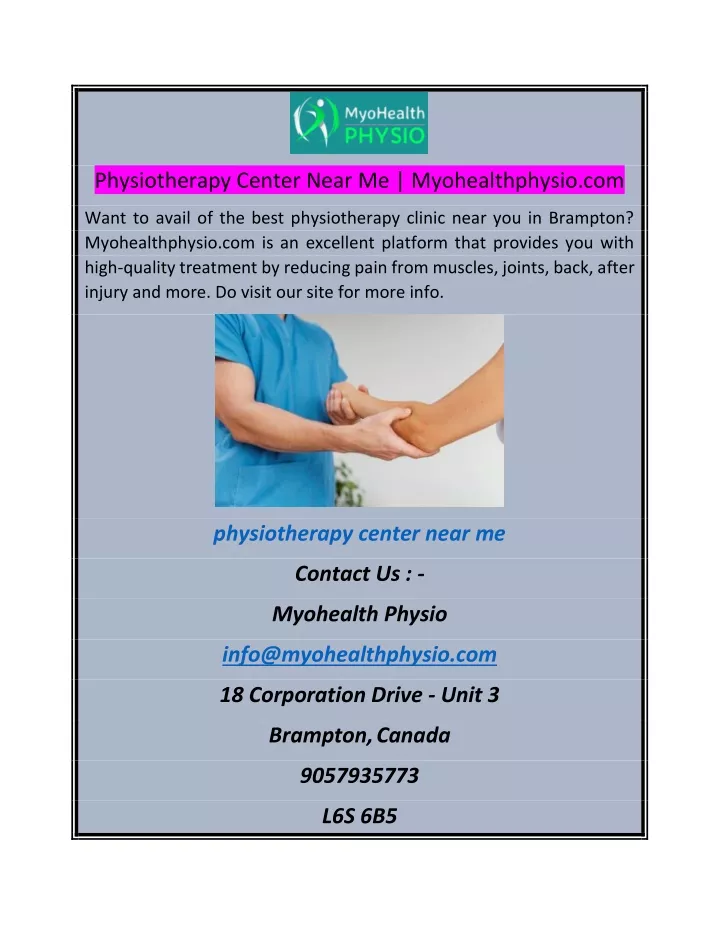 physiotherapy center near me myohealthphysio com