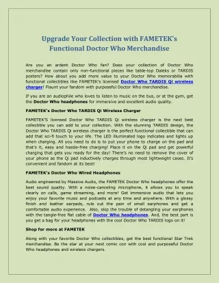 Upgrade Your Collection with FAMETEK’s Functional Doctor Who Merchandise