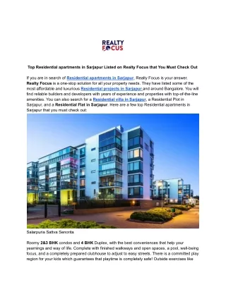 Top Residential apartments in Sarjapur Listed on Realty Focus that You Must Check Out