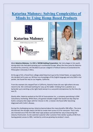 Katarina Maloney: Solving Complexities of Minds by Using Hemp Based Products