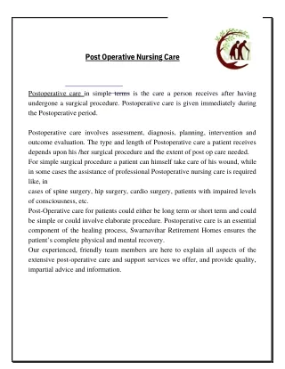 Post Operative Nursing Care