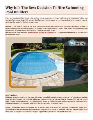 Why It Is The Best Decision To Hire Swimming Pool Builders