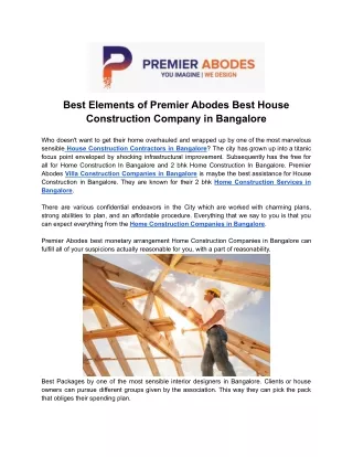 Best Elements of Premier Abodes Best House Construction Company in Bangalore