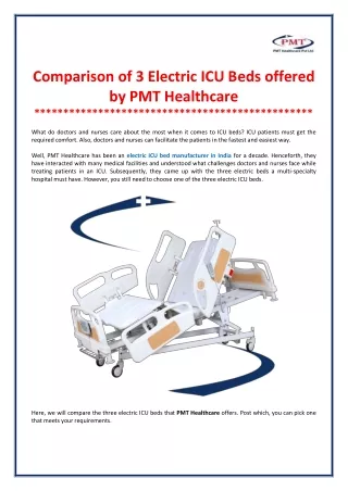 Comparison of 3 Electric ICU Beds offered by PMT Healthcare