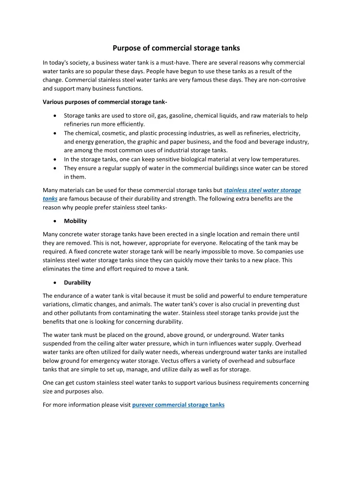 purpose of commercial storage tanks