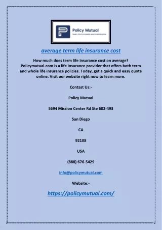Average Term Life Insurance Cost | Policymutual.com