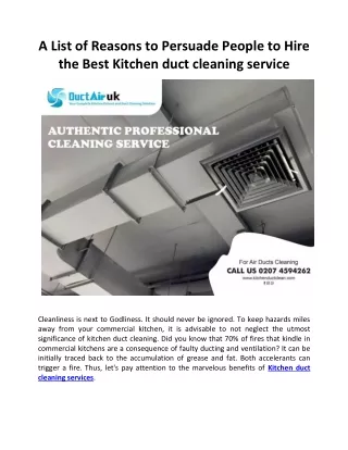 A List of Reasons to Persuade People to Hire the Best Kitchen duct cleaning service