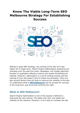 Know The Viable Long-Term SEO Melbourne Strategy For Establishing Success