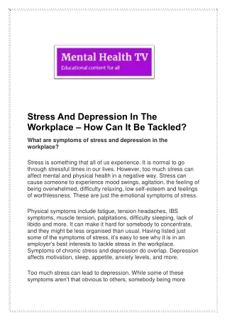 Stress and Depression in the Workplace – How can it be tackled?