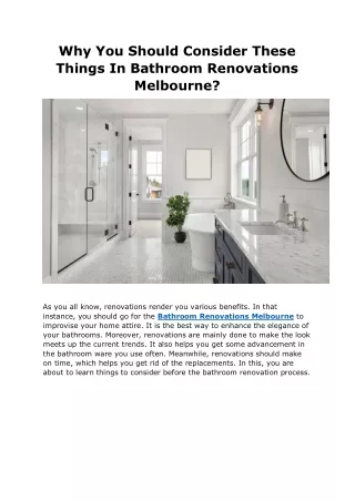 Why You Should Consider These Things In Bathroom Renovations Melbourne