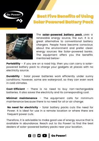 Best Five Benefits of Using Solar Powered Battery Pack