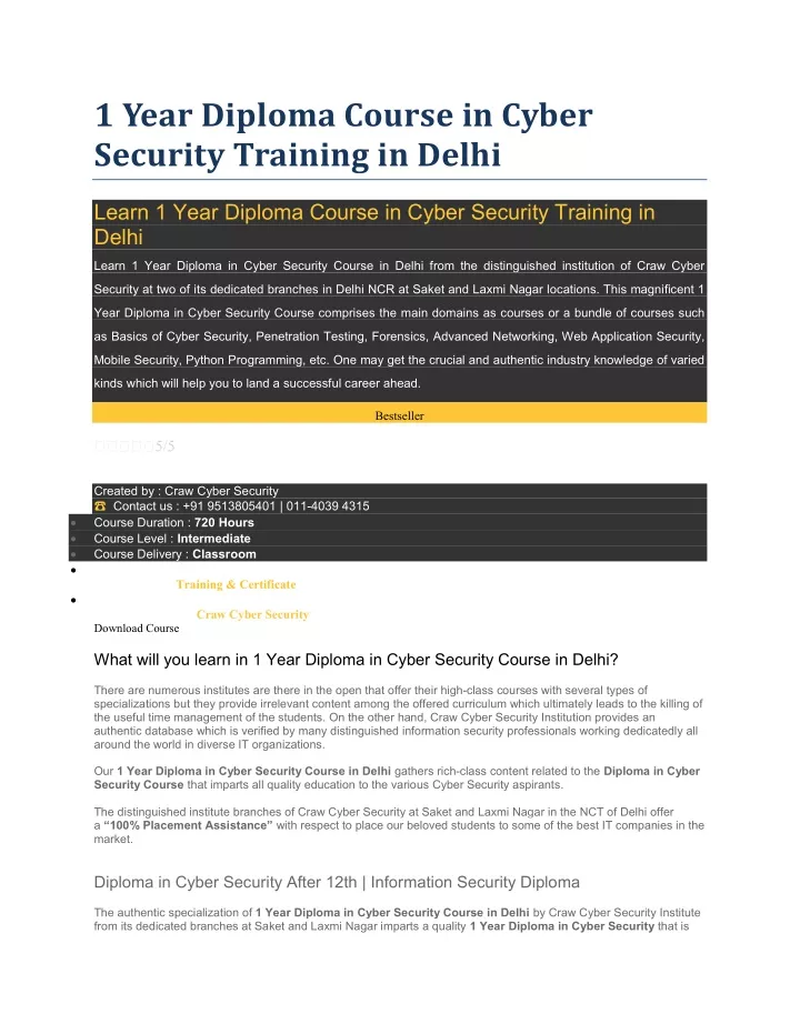 1 year diploma course in cyber security training