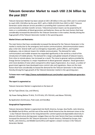 telecom generator market to reach